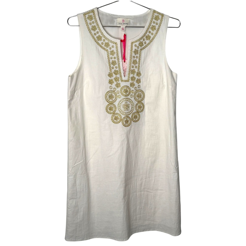 Julie Brown NYC White‎ Gold Embroidered Split Neck Sleeveless Shift Dress Size 6